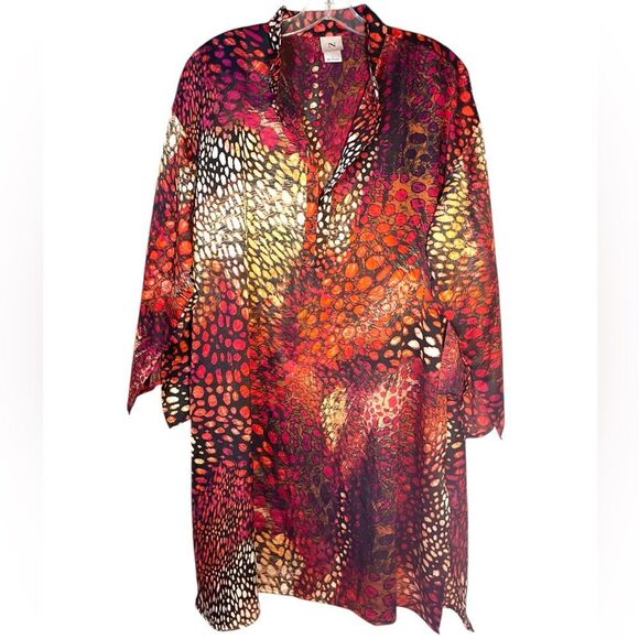 Natori Ladies Blouse Large Red Orange Satin Animal Print Tunic Oversized Relaxed - Picture 1 of 11